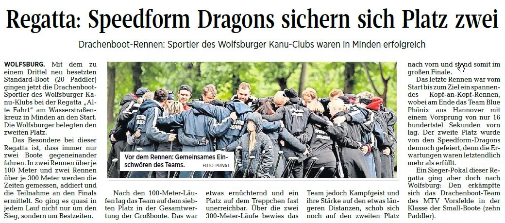 Drachenbootregatta „Alte Fahrt“ Minden – Platz 2 für die Speedform Dragons